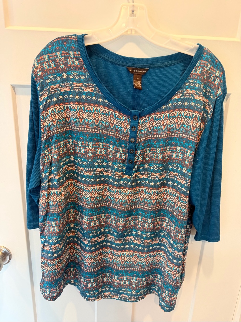 Bit & Bridle 2X Teal Southwestern Geometric Henley Top Plus Size Boho